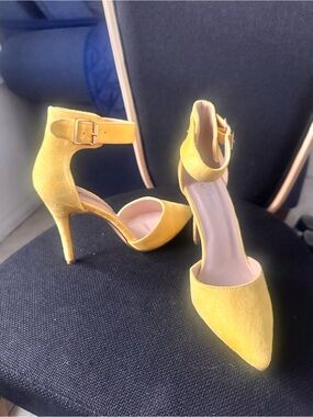 Yellow Pointed-Toe Ankle Strap Pump Heels